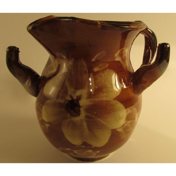 Studio Pottery Creamer brown glazed with flowers artist signed braided handle - Picture 1 of 9